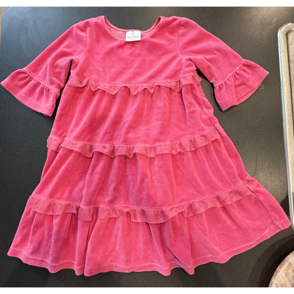 Hanna‎ Andersson Velour Tiered Dress Size 5 Pink Ruffle Velvet Long Sleeve